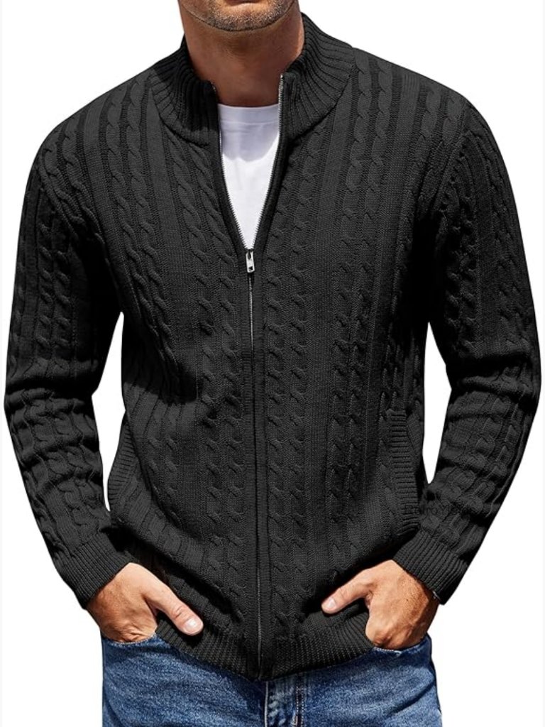 Men's Full Zip Cardigan Sweater Slim Fit Cable Knit With Pockets
